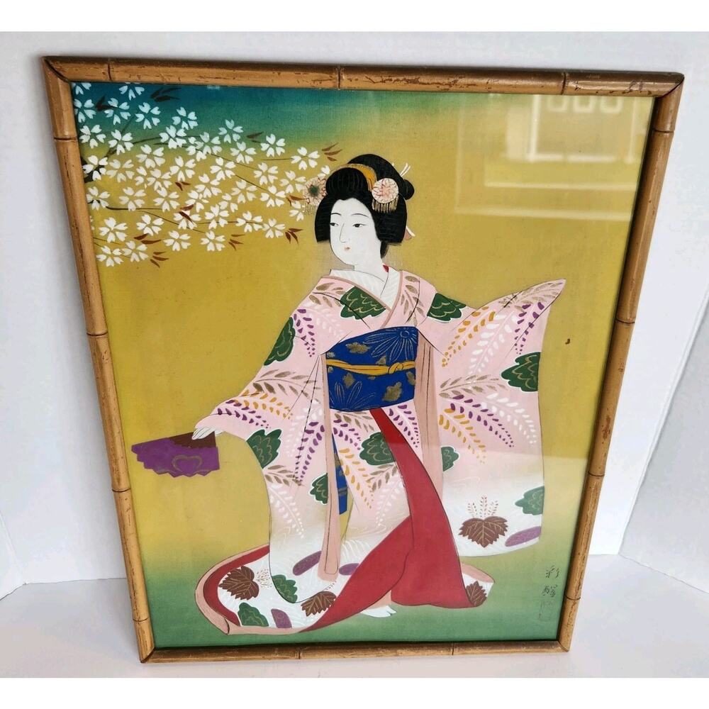 Signed Vintage Japanese Painting on Silk of Geisha Kimono RED SEAL Bamboo Frame
